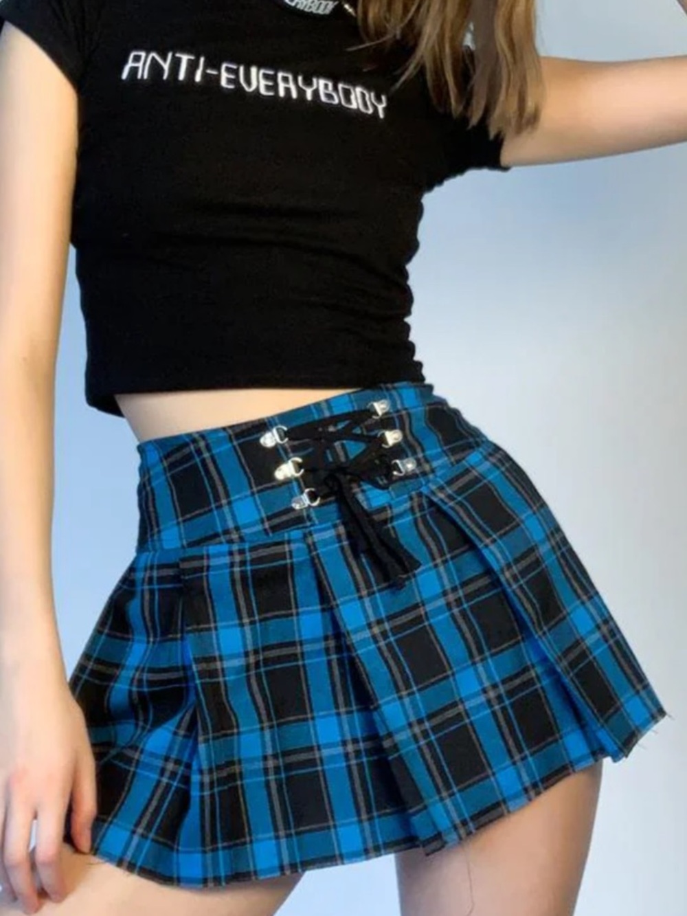 Dolls Kill Blue & Black Plaid Lace-Up Pleated Mini Skirt